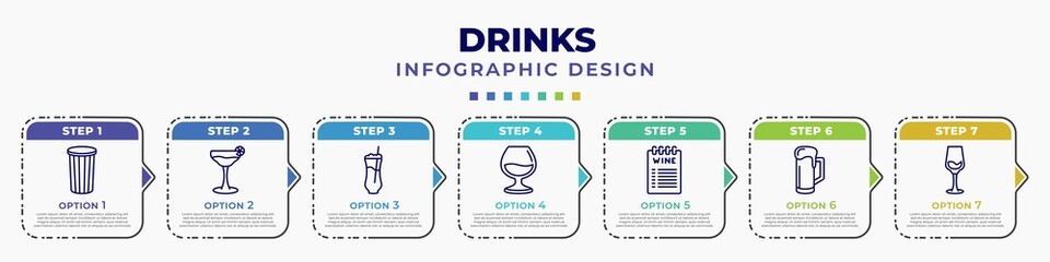 Poster - infographic template with icons and 7 options or steps. infographic for drinks concept. included paper cup, cosmopolitan, ramos gin fizz, armagnac, wine list, beer mug, glass with wine editable