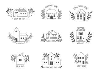 Poster - doodle house logo. cute hand drawn rural farm and country cottage with floristic elements, real esta