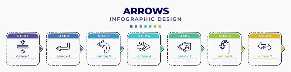 Poster - infographic template with icons and 7 options or steps. infographic for arrows concept. included vertical merge, left direction, backward arrow, next, backspace, u turn arrow, transfer editable
