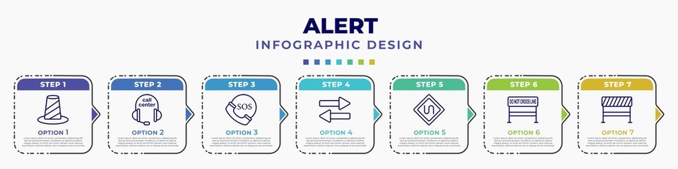 infographic template with icons and 7 options or steps. infographic for alert concept. included bollard, call center, sos, two way, bend, do not cross line, road blockade editable vector.