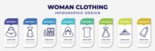 Infographic Template With Icons And 8 Options Or Steps. Infographic For Woman Clothing Concept. Included Hobo Shoulder Bag, Female Sexy Dress, Makeup, Female Black Handbag, Polo Shirt For Women,