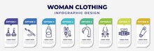 Infographic Template With Icons And 8 Options Or Steps. Infographic For Woman Clothing Concept. Included Dangling Earrings, Eyeliner Pencils, Bottle, Hair Iron, Hair Wig With Side, String Bikini,