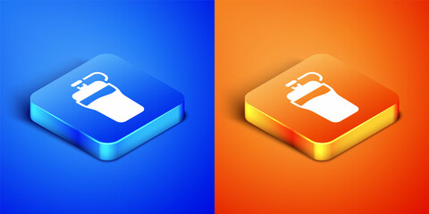 Sticker - Isometric Fitness shaker icon isolated on blue and orange background. Sports shaker bottle with lid for water and protein cocktails. Square button. Vector