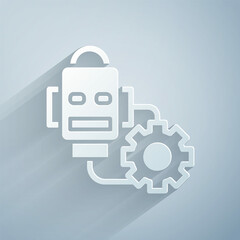 Poster - Paper cut Robot setting icon isolated on grey background. Artificial intelligence, machine learning, cloud computing. Paper art style. Vector