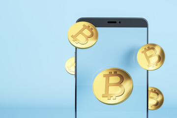 Poster - Close up of smartphone with creative bitcoins on blue backdrop with mock up place. Crypto on mobile and exchange concept. 3D Rendering.
