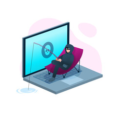 Hacker fishing and sit on sling chair, cyber crime and phishing scam concept, vector illustration