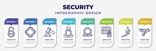Infographic Template With Icons And 8 Options Or Steps. Infographic For Security Concept. Included Underage, Lifeguard Float, Court Gavel, Safety Seat, Float, Marriage Certificate, Match Fire, Uzi