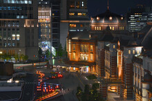 Tokyo Station Of Japan At The Marunouchi Business District In The Night Beautiful Time.