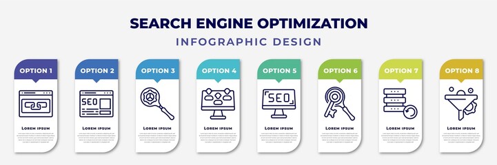 Poster - infographic template with icons and 8 options or steps. infographic for search engine optimization concept. included link, home page, search engine, lead, screen, keywords, backup, funnel editable