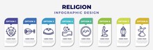 Infographic Template With Icons And 8 Options Or Steps. Infographic For Religion Concept. Included Lion Of Judah, Oud, Yarmulke, Isha, Haram, Muslim Man Praying, Arabian Lantern, Sufi Mystic