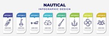 Infographic Template With Icons And 8 Options Or Steps. Infographic For Nautical Concept. Included Message In A Bottle, Buoy, Ship Engine, Sailor Hat, Oars, Bait, Propeller, Aqualung Editable