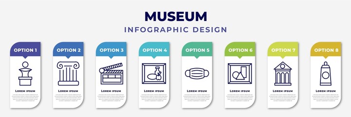 Poster - infographic template with icons and 8 options or steps. infographic for museum concept. included sculpture, antique column, cinema, still life, mask, modern art, museum building, acrylic editable