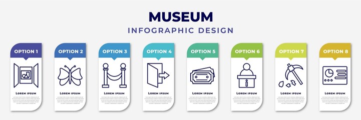 infographic template with icons and 8 options or steps. infographic for museum concept. included exhibition, butterfly, museum fencing, exit, museum ticket, information desk, geological, panel