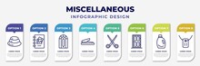 Infographic Template With Icons And 8 Options Or Steps. Infographic For Miscellaneous Concept. Included Pebble, Scrapbook, Stained Glass Window, Puncher, Scissor, Room Door, Detergen, Army Dog Tag