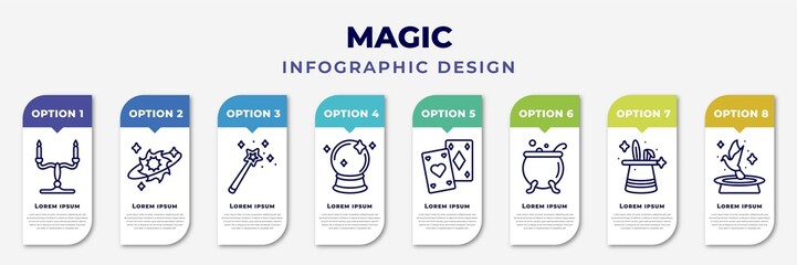 Wall Mural - infographic template with icons and 8 options or steps. infographic for magic concept. included candelabra, spell, magic, crystal ball, playing cards, cauldron, trick, pigeon editable vector.