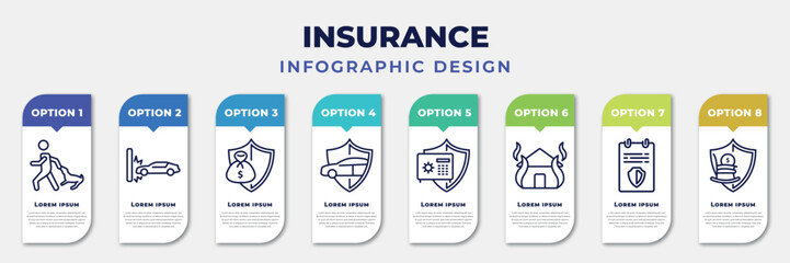 Wall Mural - infographic template with icons and 8 options or steps. infographic for insurance concept. included bite, crash, savings, safety insurance, bank safe, fire insurance, license, retirement editable