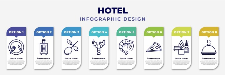 Wall Mural - infographic template with icons and 8 options or steps. infographic for hotel concept. included food, luggage, olives, lobster, shrimp, pizza, spa, dish editable vector.