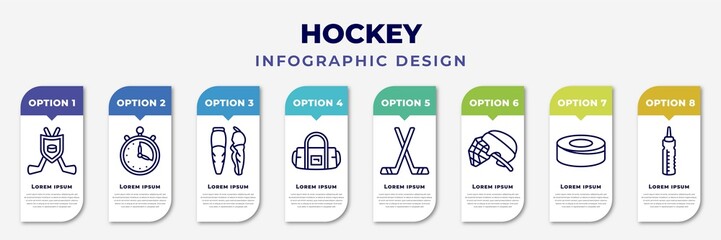 Poster - infographic template with icons and 8 options or steps. infographic for hockey concept. included emblem, timer, shin, bag, hockey stick, hockey mask, puck, water bottle editable vector.