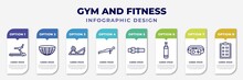 Infographic Template With Icons And 8 Options Or Steps. Infographic For Gym And Fitness Concept. Included Training Apparatus, Bosu Ball, Press Simulator, Push Up, Athletic Strap, Boxing Bag,
