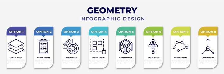 infographic template with icons and 8 options or steps. infographic for geometry concept. included layer, paste clipboard, dimensions, ungroup, 3d cube, polygonal arrow up, line, axis editable