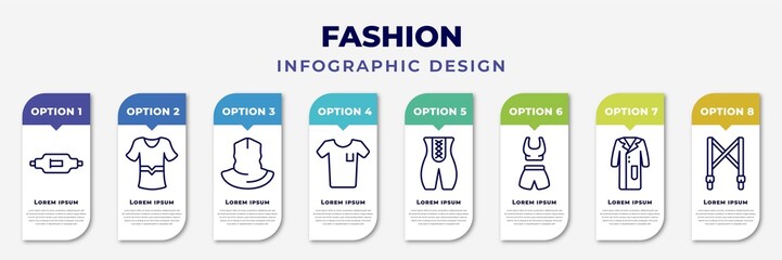 Wall Mural - infographic template with icons and 8 options or steps. infographic for fashion concept. included gym belt, sportswear, neck gaiter, white t shirt, bandages, gym clothes, lab coat, suspenders