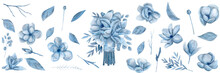 Watercolor Hand Drawn Set Illustration With Blue Magnolia Flowers