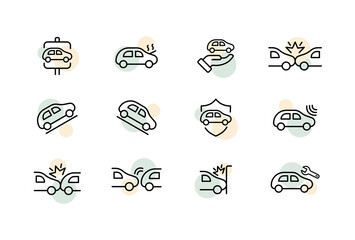 Poster - Automobile set icon. Road signs, accident, hill, handbrake, accident, Service station. Car concept. Vector line icon for Business and Advertising
