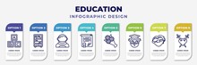 Infographic Template With Icons And 8 Options Or Steps. Infographic For Education Concept. Included Abc, Library, Astronaut, Diploma, Bouquet, Owl, Quasimodo, Romeo And Juliet Editable Vector.