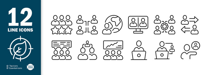 Poster - Infographic set icon. Feedback, stars, arrows, chart, analytics, conference, work, career, settings. Data analysis concept. Vector line icon for Business and Advertising