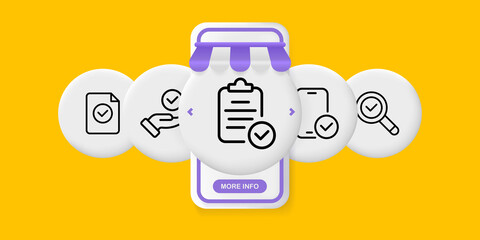 Poster - Check mark set icon. File, hand, clipboard, phone, search, success. Access concept. UI phone app screens with people. Vector line icon for Business and Advertising