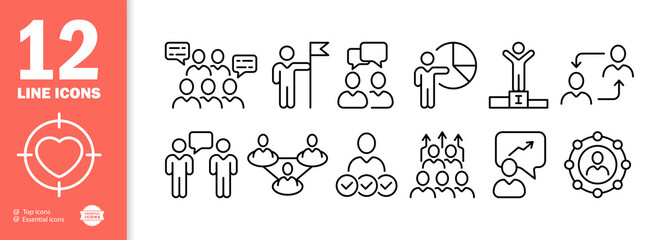 Poster - Pictogram set icon. Feedback, feedback, flag, achievement, pie chart, connection, relationship, group of people. Infographic concept. Vector line icon for Business and Advertising