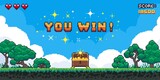 Fototapeta  - Pixel game win screen. Retro 8 bit video game interface with You Win text, computer game level up background. Vector pixel art illustration