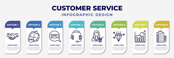 Wall Mural - infographic template with icons and 8 options or steps. infographic for customer service concept. included hand shake, 24 hours, video call, head, customer, diamond, line chart, list editable