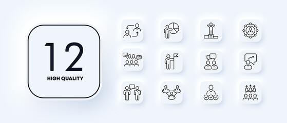 Poster - Infographic set icon. Relationship, achievement, diagram, communication, flag, connection, friendship. Delegation concept. Neomorphism style. Vector line icon for Business and Advertising