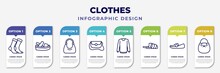 Infographic Template With Icons And 8 Options Or Steps. Infographic For Clothes Concept. Included Women Socks, Platform Sandals, Hobo Bag, Messenger Bag, Collarless Cotton Shirt, Sleepers, Loafer,