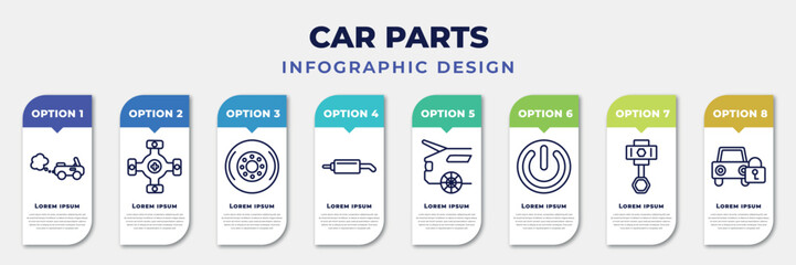 Wall Mural - infographic template with icons and 8 options or steps. infographic for car parts concept. included car tailpipe, car universal joint, hubcap, silencer, boot, ignition, cylinder, lock editable