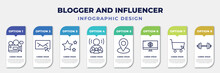 Infographic Template With Icons And 8 Options Or Steps. Infographic For Blogger And Influencer Concept. Included Camcorder, Email, Star, Influencer, Placeholder, Web, Shopping Online, Weights