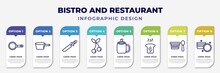 Infographic Template With Icons And 8 Options Or Steps. Infographic For Bistro And Restaurant Concept. Included Frying Pan From Top, Lateral Pan, Thin Knife, Two Cherries, Hot Mug, Toasted Bread,
