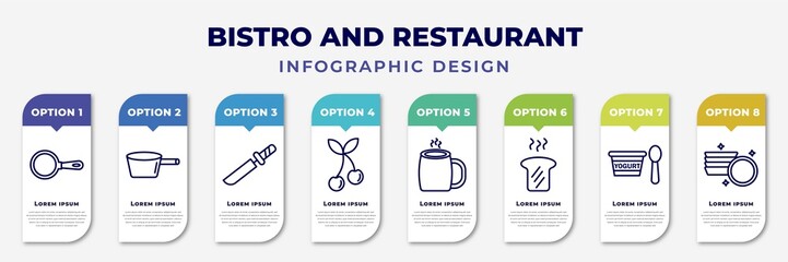 Wall Mural - infographic template with icons and 8 options or steps. infographic for bistro and restaurant concept. included frying pan from top, lateral pan, thin knife, two cherries, hot mug, toasted bread,