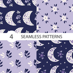 Wall Mural - Floral moon vector seamless pattern set. Trendy illustration with flower. Print for fabric design, textile, kids and baby clothes, digital paper, wallpaper, cover.