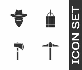 Poster - Set Pickaxe, Cowboy, Tomahawk and Dynamite bomb icon. Vector