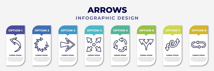 Poster - infographic template with icons and 8 options or steps. infographic for arrows concept. included curved arrow, loading arrows, right, expand, repeat, split arrows, double arrow, loop editable