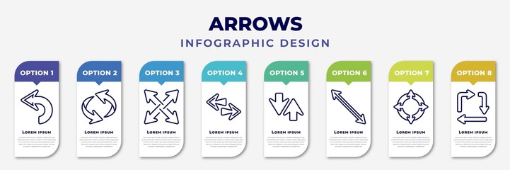 Poster - infographic template with icons and 8 options or steps. infographic for arrows concept. included backward arrow, undo arrow, expad arrows, left right, sort, diagonal arrow, zoom directions, square