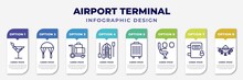 Infographic Template With Icons And 8 Options Or Steps. Infographic For Airport Terminal Concept. Included Martini With Olive, Parachute Open, Luggage Trolley, Lifeboat, Trip Luggage, Airplane Seat,