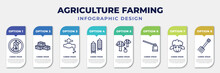 Infographic Template With Icons And 8 Options Or Steps. Infographic For Agriculture Farming Concept. Included Pesticide, Straw Bale, Faucet, Silo, Monoculture, Hoe, Sheep, Farming Fork Editable