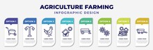 Infographic Template With Icons And 8 Options Or Steps. Infographic For Agriculture Farming Concept. Included Barrow, Lamppost, Hen, Greenhouse, Trailer, Spring Flower, Farm, Farm Trailer Editable