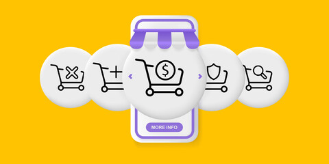 Poster - Shopping cart set icon. Shopping symbol, cross, add, plus, dollar, search. Order concept. UI phone app screens with people. Vector line icon for Business and Advertising