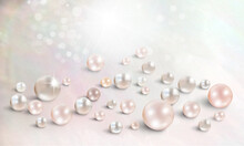 Many Shimmering Pink And Champagne Pearls On Nacreous Mother Of Pearl Background With Space For Text