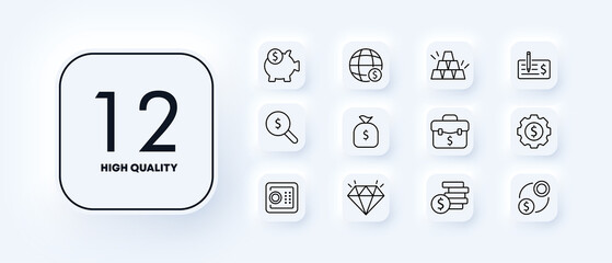 Poster - Money set icon. Piggy bank, online transactions, gold, safe, bank, briefcase, diamond, magnifier, pouch. Business concept. Neomorphism style. Vector line icon for Business and Advertising