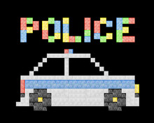 Watercolor Illustration Of Toy White Police Car Made From Plastic Building Bricks Pieces On White Background.